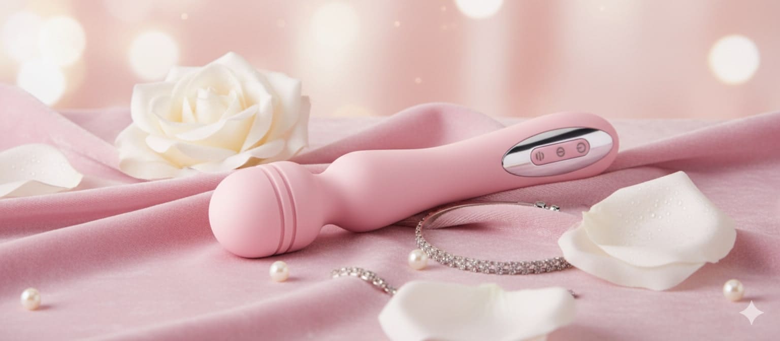 Vibromasseur Hand rose Jardin Intime posé sur un décor rose avec fleurs blanches
