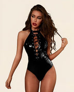 Body Vinyle « Nuit Ardente » – Décolleté Lacé & Effet Cuir Brillant - Jardin Intime