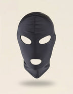 Cagoule noire Dark Desire vue de face – masque sensuel avec ouvertures yeux et bouche