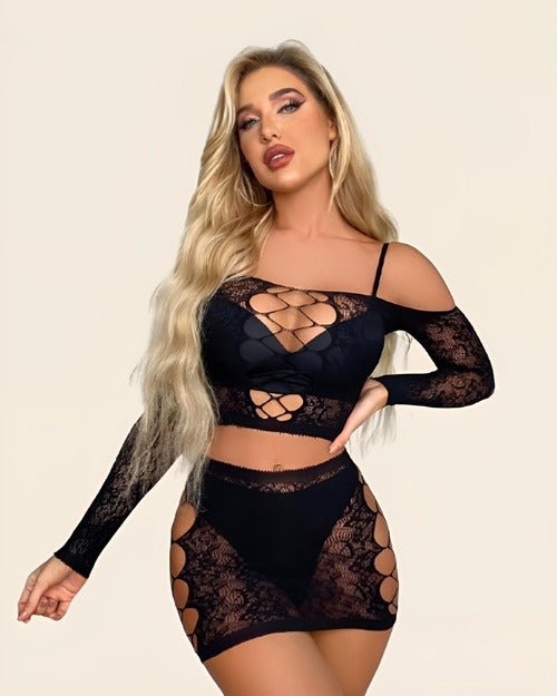 Ensemble Lingerie 2 Pièces Dentelle Noire – Top Ajouré & Jupe Découpée - Jardin Intime