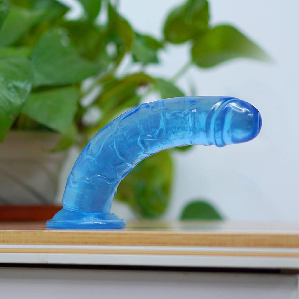 Gode réaliste bleu fixé par ventouse sur surface – flexible – Jardin Intim