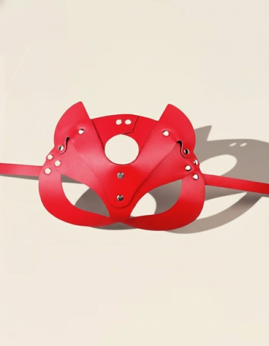 Masque cuir rouge style félin avec rivets métalliques, présenté sur fond clair.