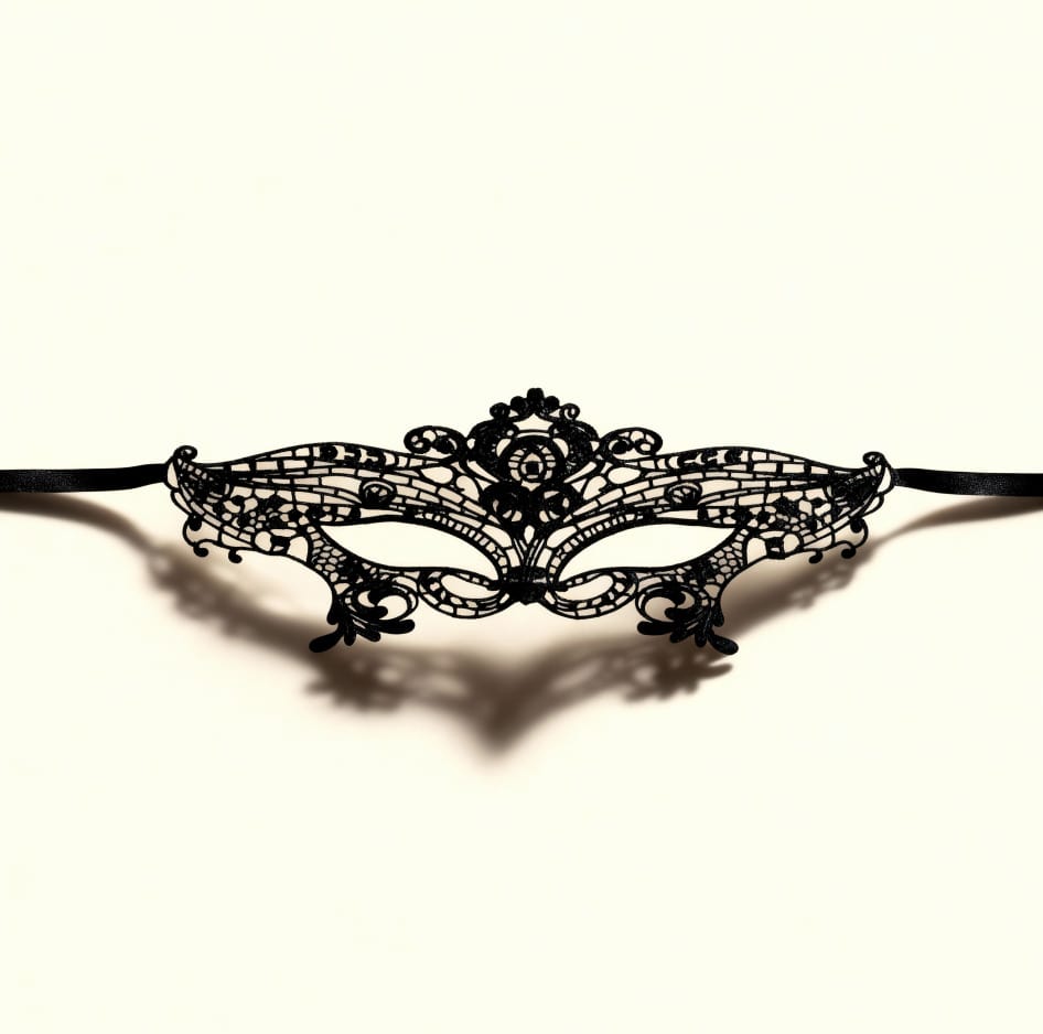 Masque en Dentelle Mystère Noir posé sur fond clair, détail du motif élégant.