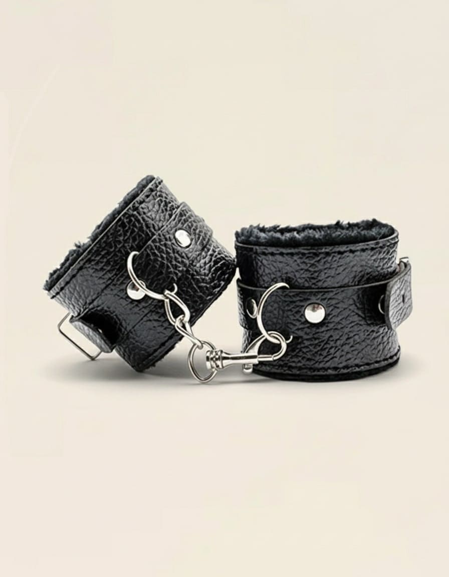 Menottes en cuir noir doublées de fourrure – Kit Secret Lovers Jardin Intime