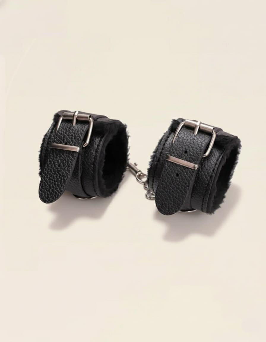 Menottes de cheville et main noires en cuir doux Obsidienne – accessoire BDSM élégant et confortable.