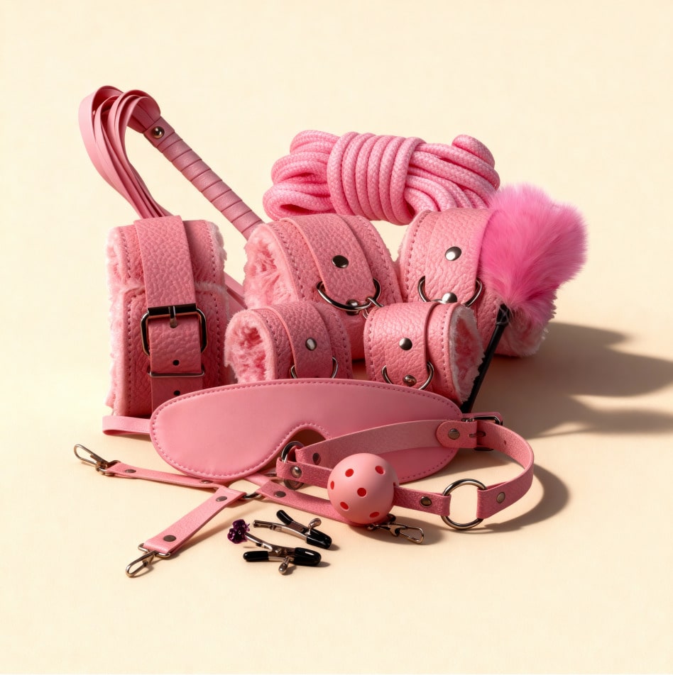 Kit BDSM rose Secret Lovers avec menottes, corde, masque et accessoires – Jardin Intime